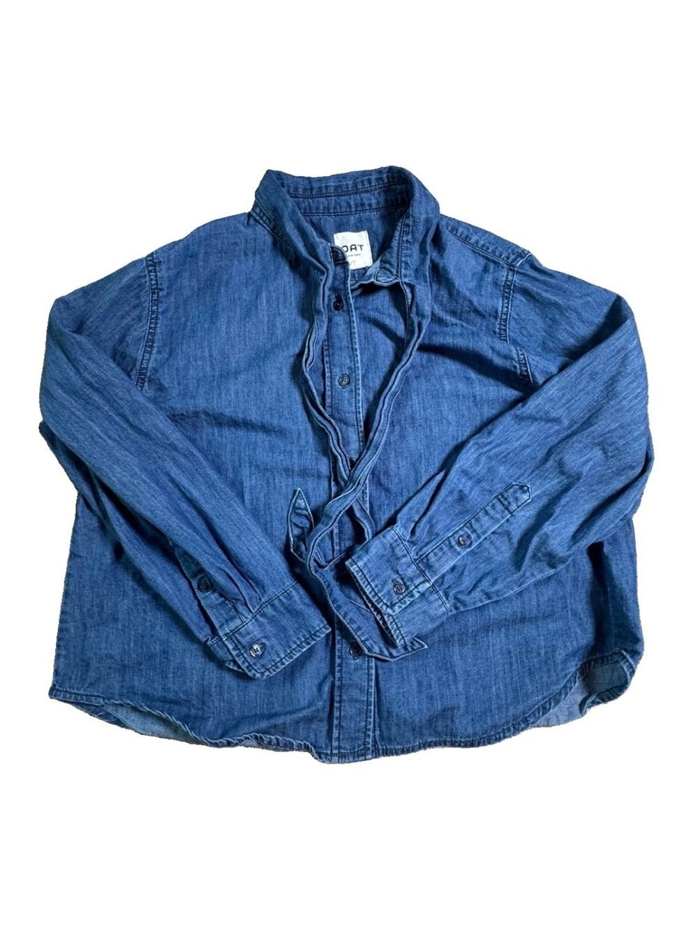 OAT New York Womens M Chambray Denim Shirt Tie Neck Bow 100% Cotton Button Down